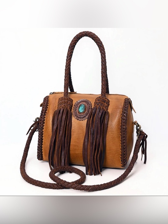 Handbags - Western Boho Tassel Leather Satchel in Tan and Brown